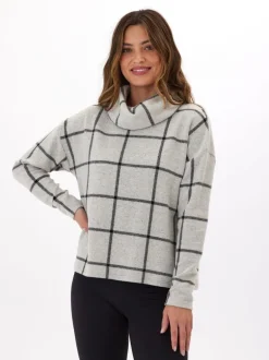Loren Prairie Plaid Knit Fleece Cowl Neck Top