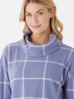 Loren Prairie Plaid Knit Fleece Cowl Neck Top