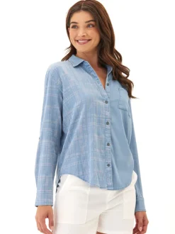 Prudence Grid Plaid Stretch Chambray Button-Down